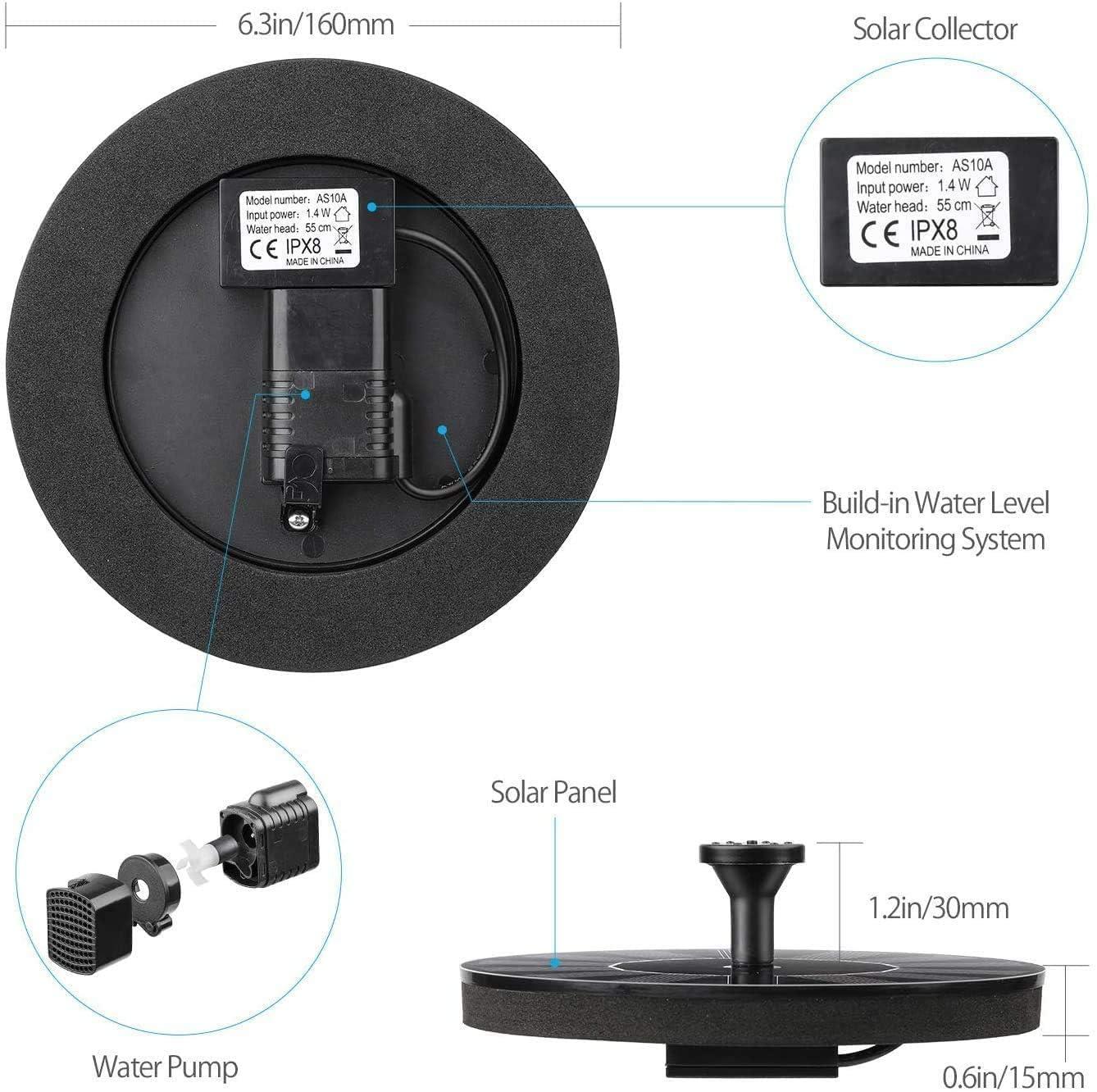 Fountain Solar Power Floating Water Pump for Pool, Pond, Garden, and Patio Plants - Round 7V 1.4W (Black)