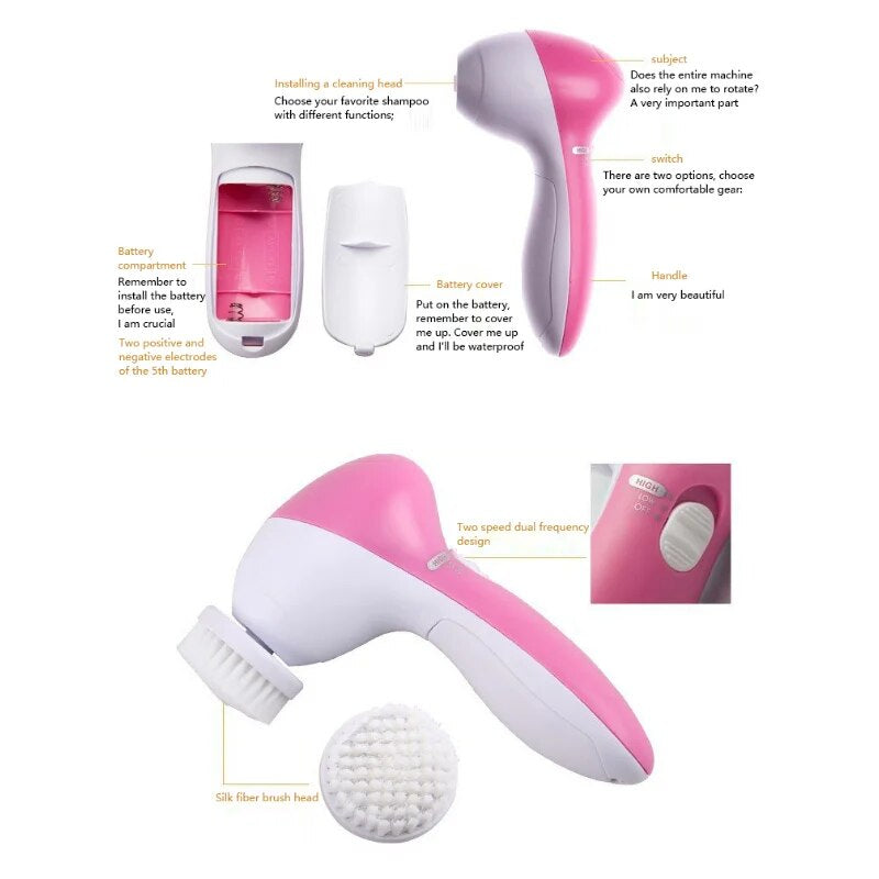 5 in 1 Portable Electric Facial Cleaner, Battery Powered Multifunctional Massager