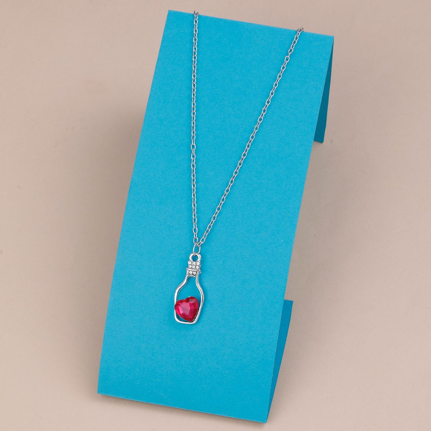 Love Heart Pink Crystal Diamond Stone Bottle Pendant