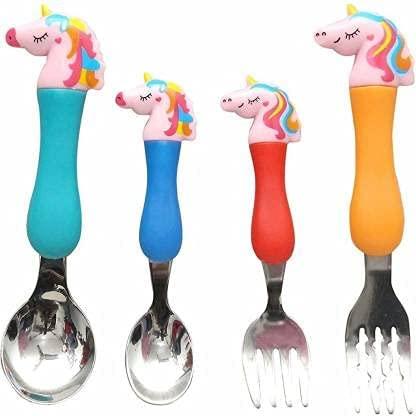 Unicorn Theme Stainless Steel Baby Feeding Spoon and Fork Cutlery Set for Kids Set of 4, Multicolor