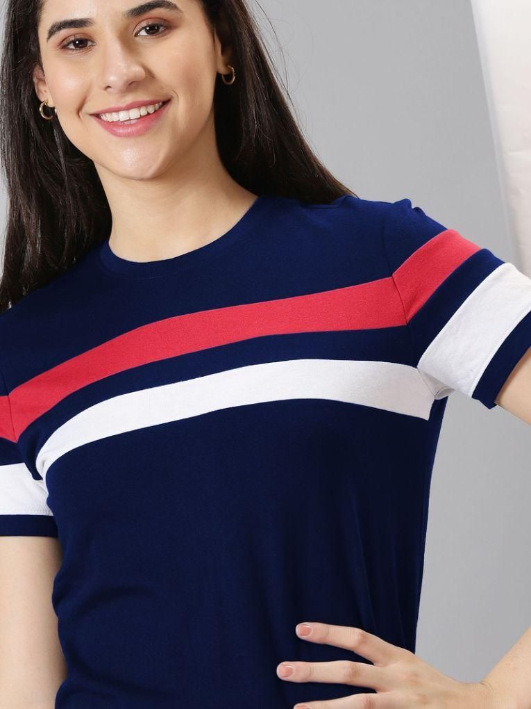 Women's Colorblocked Round Neck Half Sleeve Casual T-Shirt