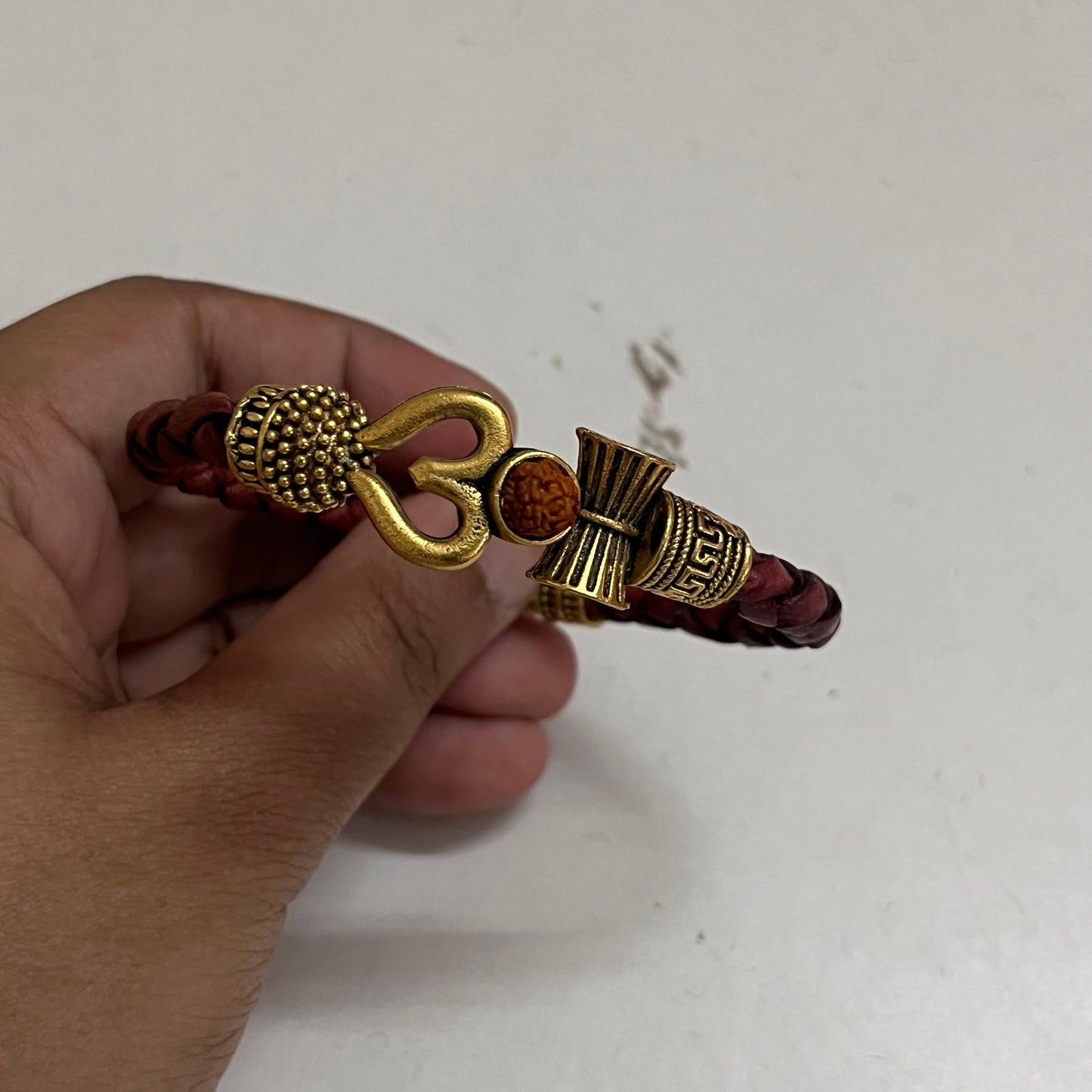 OM Rudraksha Gold Plated Leather Bracelet