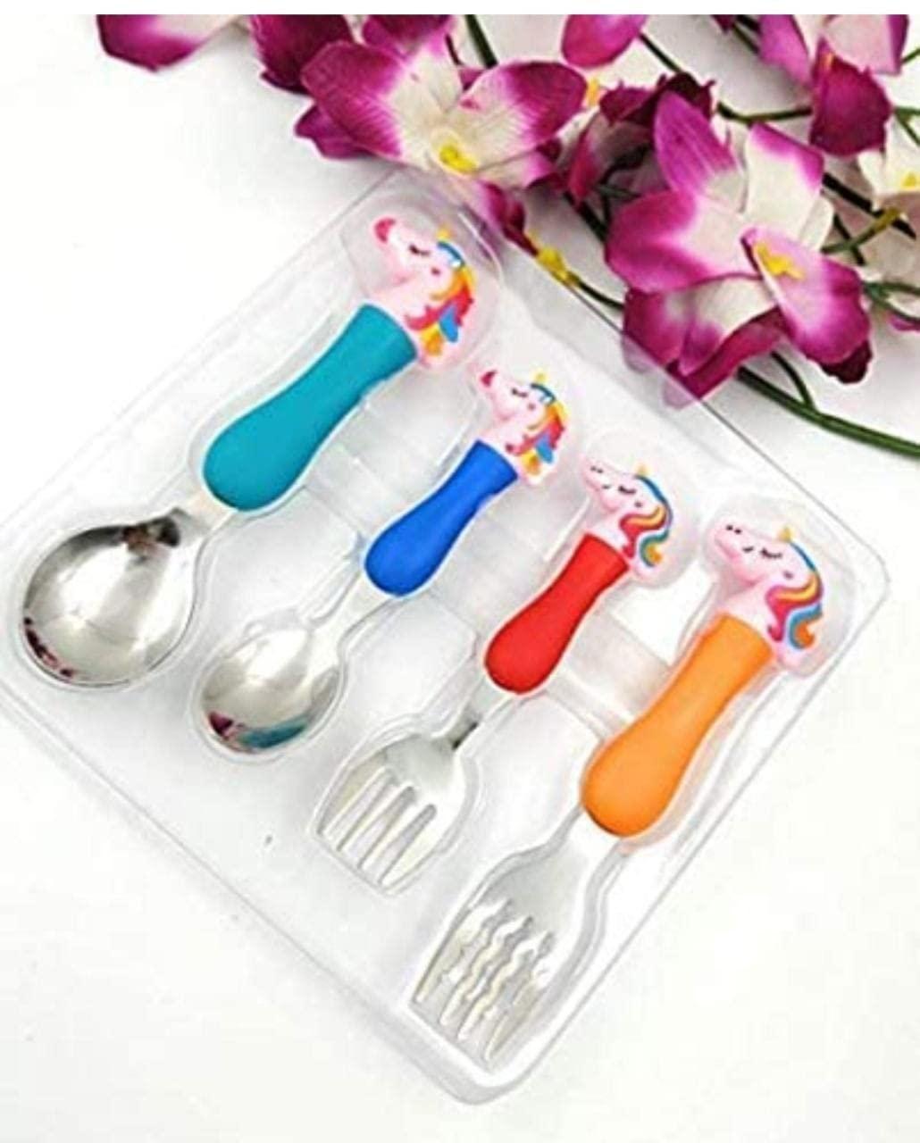 Unicorn Theme Stainless Steel Baby Feeding Spoon and Fork Cutlery Set for Kids Set of 4, Multicolor