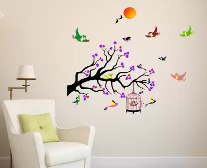 Birds in the Colorful Cage Holding Tree Sticker