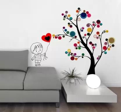 Tree with Designed Leaves, Hearts, and a Baby Girl Near Sticker