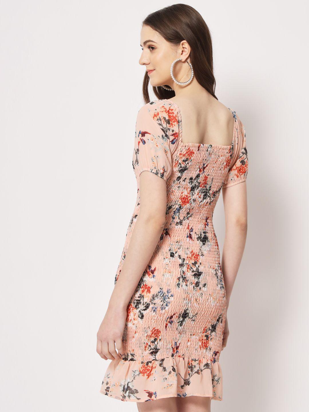 Women's Peach Printed Smocking Dress