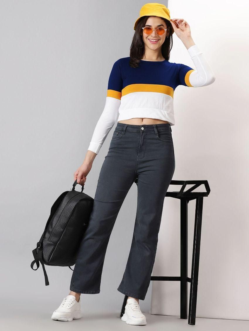 AUSK Women's Color Block Full Sleeve Crop Top