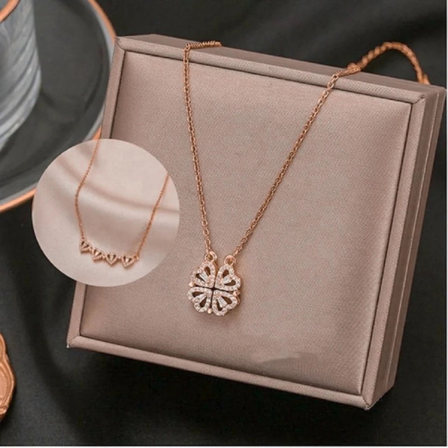 Four Love Hearts And Rose Diamond Leaf Clover Necklaces