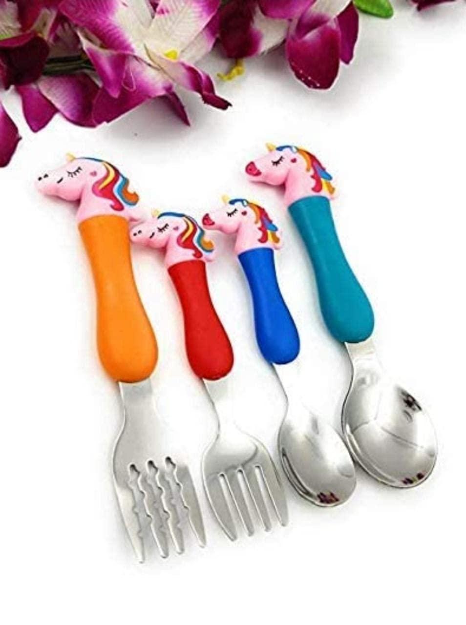 Unicorn Theme Stainless Steel Baby Feeding Spoon and Fork Cutlery Set for Kids Set of 4, Multicolor