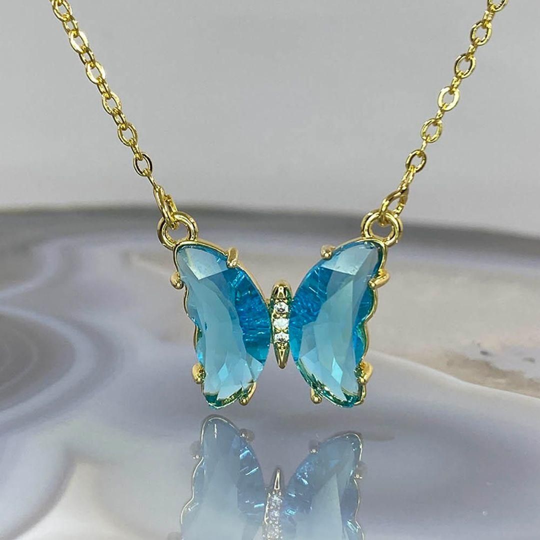 Pretty Blue Crystal Butterfly Pendant Necklace for Women and Girls