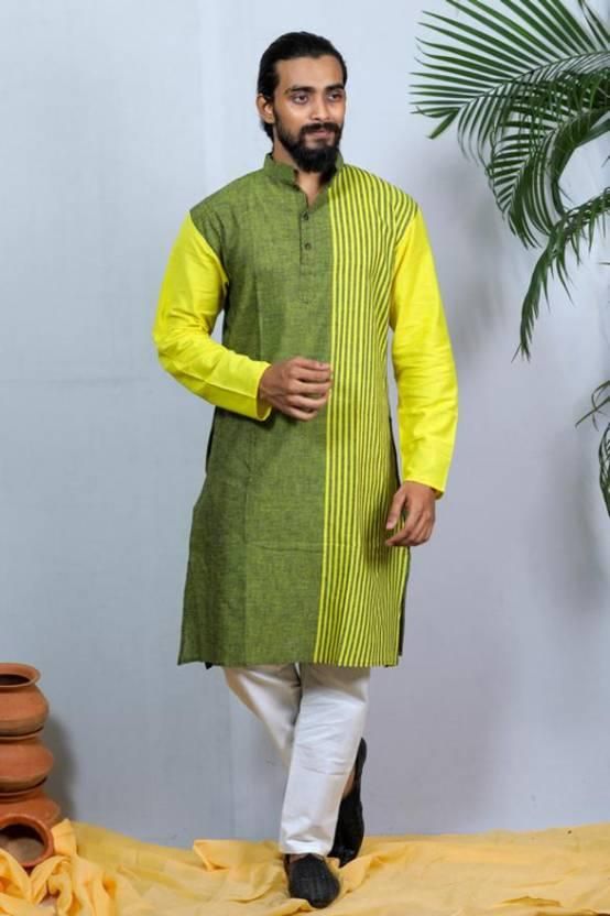 Men's Self-Designed Green Khadi Cotton Kurtas