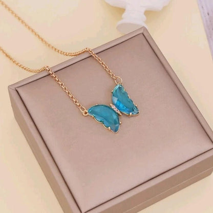 Pretty Blue Crystal Butterfly Pendant Necklace for Women and Girls