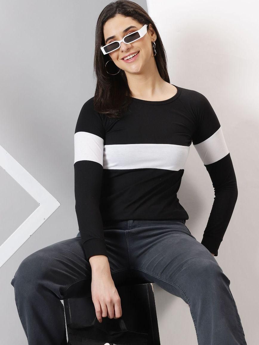 AUSK Women's Colorblocked Round Neck Full Sleeve Casual T-Shirt