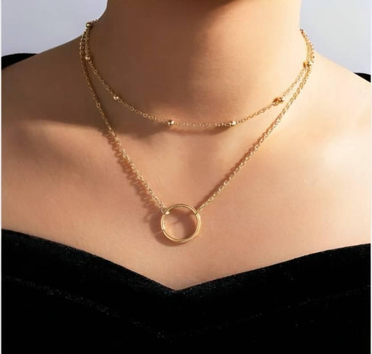 Double Layer Ring Necklace (Golden) With Coin Pearl Choker