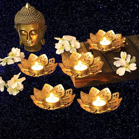 Lotus Tealight Candle Holder Set - Metal Decoration (Pack of 5)