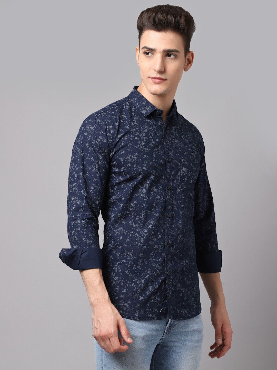 Men's Printed Cotton Blend Dark Blue Shirts