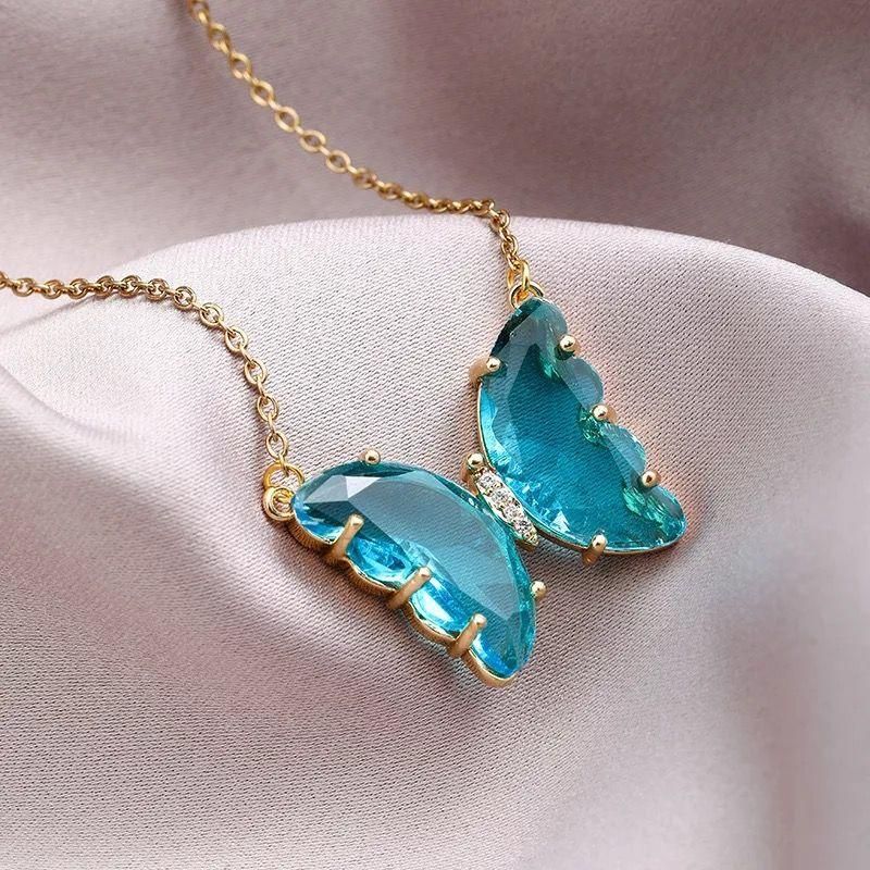 Pretty Blue Crystal Butterfly Pendant Necklace for Women and Girls