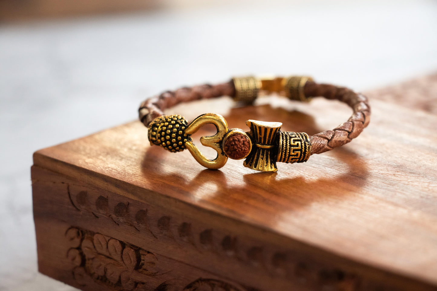 OM Rudraksha Gold Plated Leather Bracelet