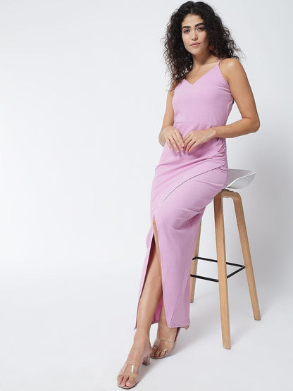 Women's Polyester Solid Front Slit Bodycon Maxi Dress