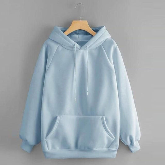 Sky Blue Solid Fleece Hoody Regular Fit Long Sleeve Women's Sweatshirt