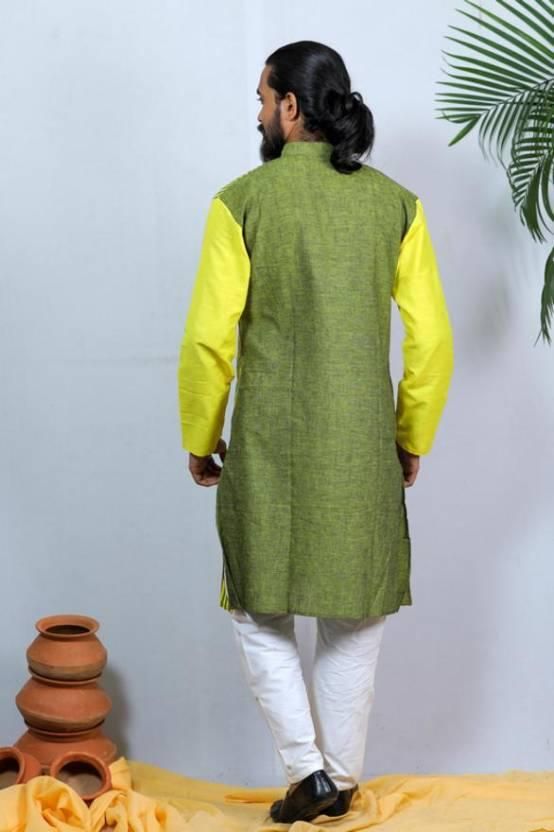 Men's Self-Designed Green Khadi Cotton Kurtas