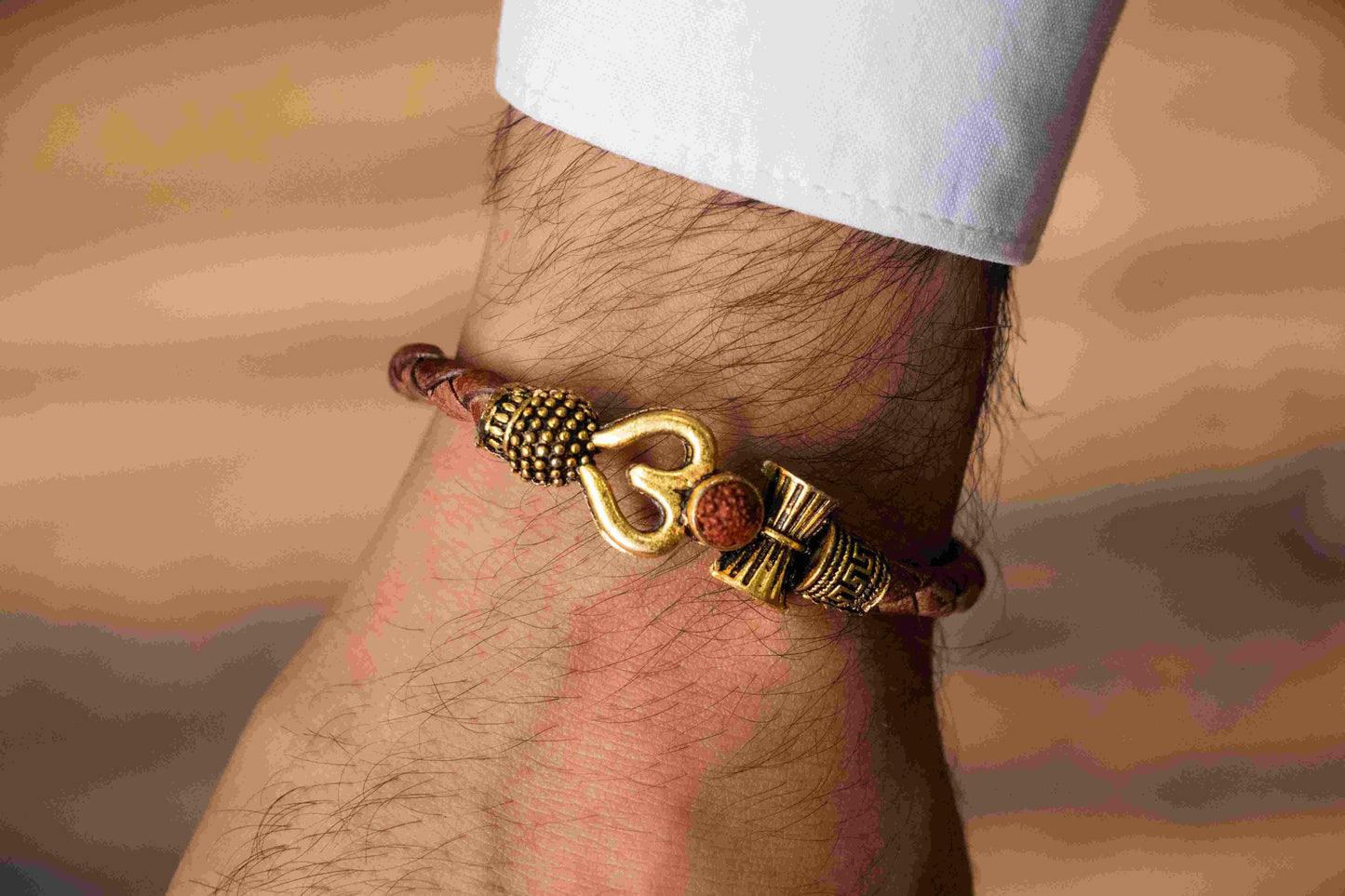 OM Rudraksha Gold Plated Leather Bracelet