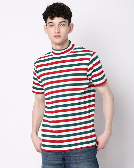 7 Shores Cotton Stripes Half Sleeves Round Neck Men's T-Shirt