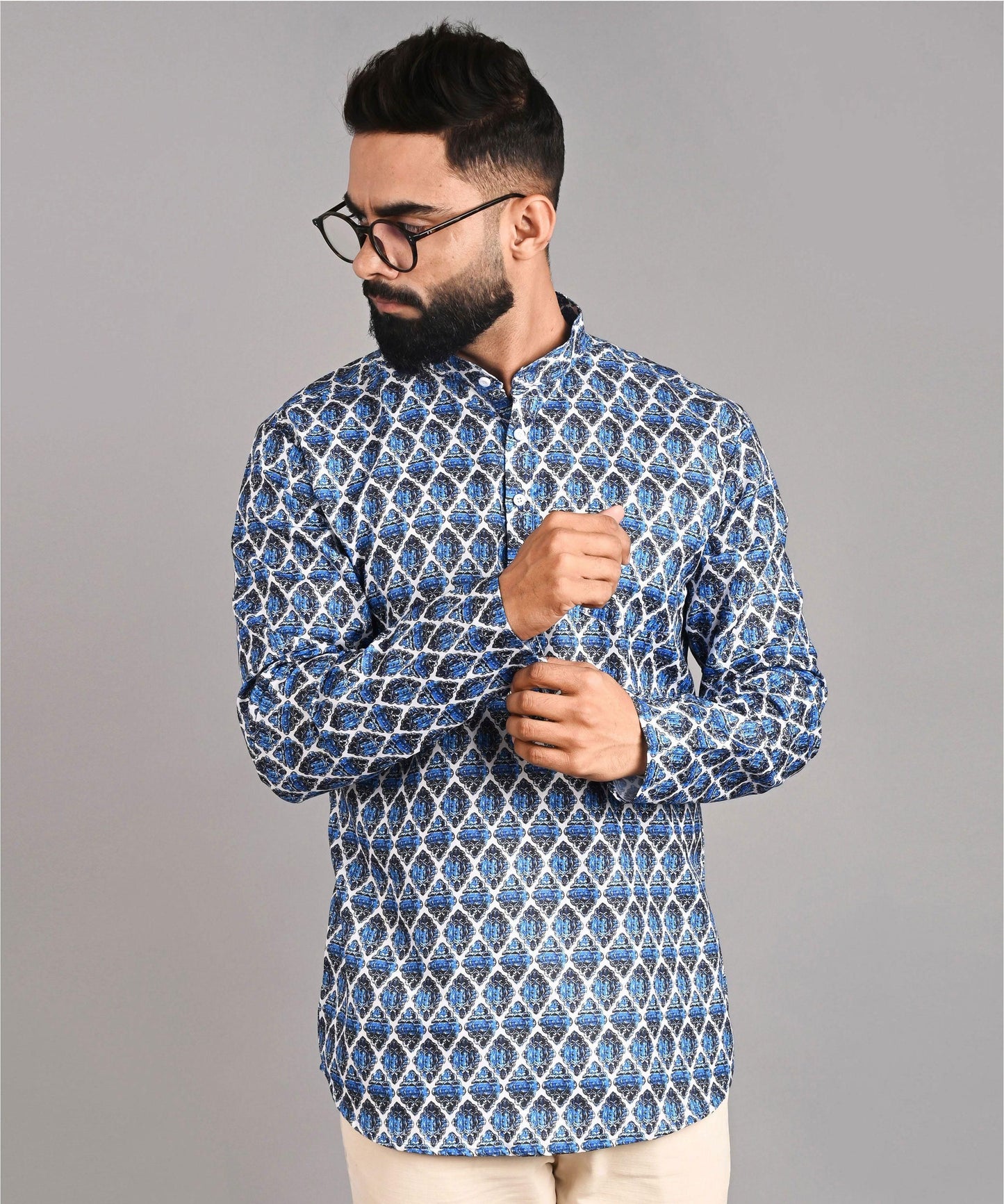 Cotton Printed Full Sleeves Regular Fit Men's Short Kurta
