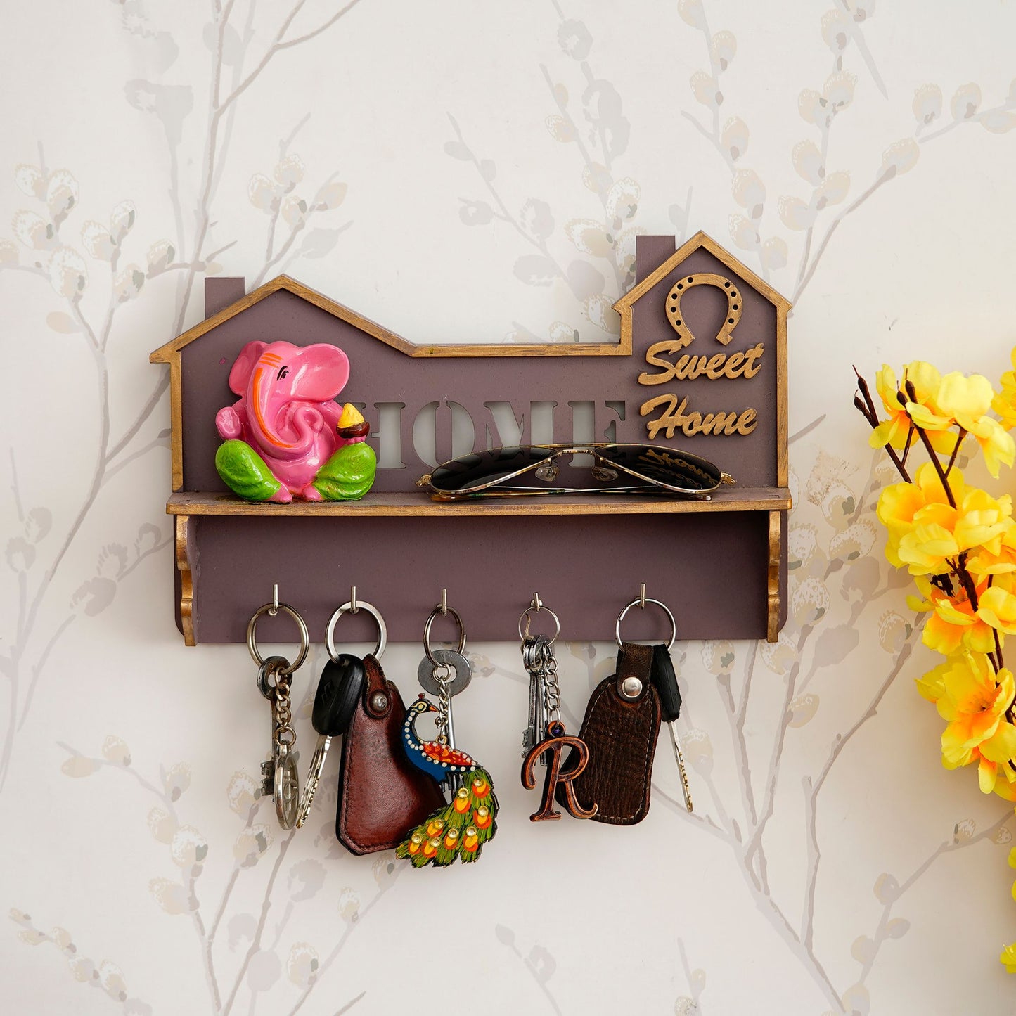 Multiutility 5 Hooks Wooden Keyholder with Shelf