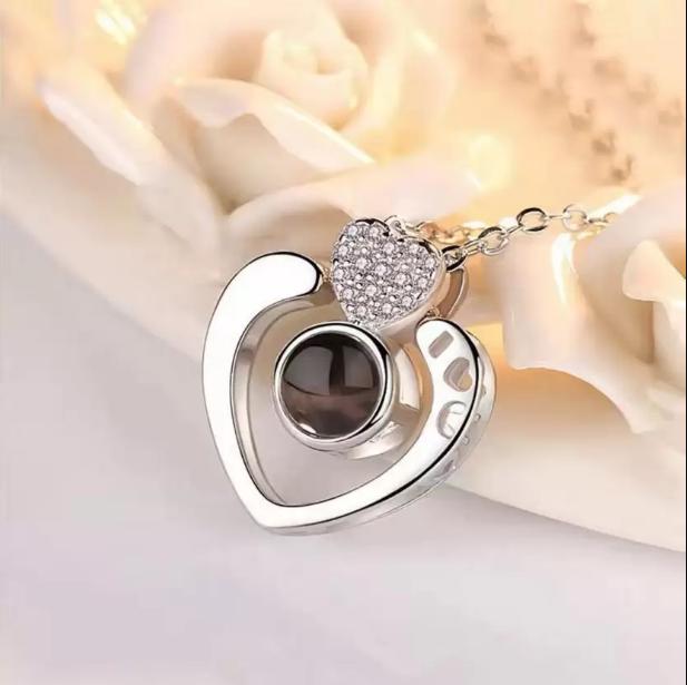 I Love You Light Projection Pendant Necklace with 100 Languages Silver Copper Pendant