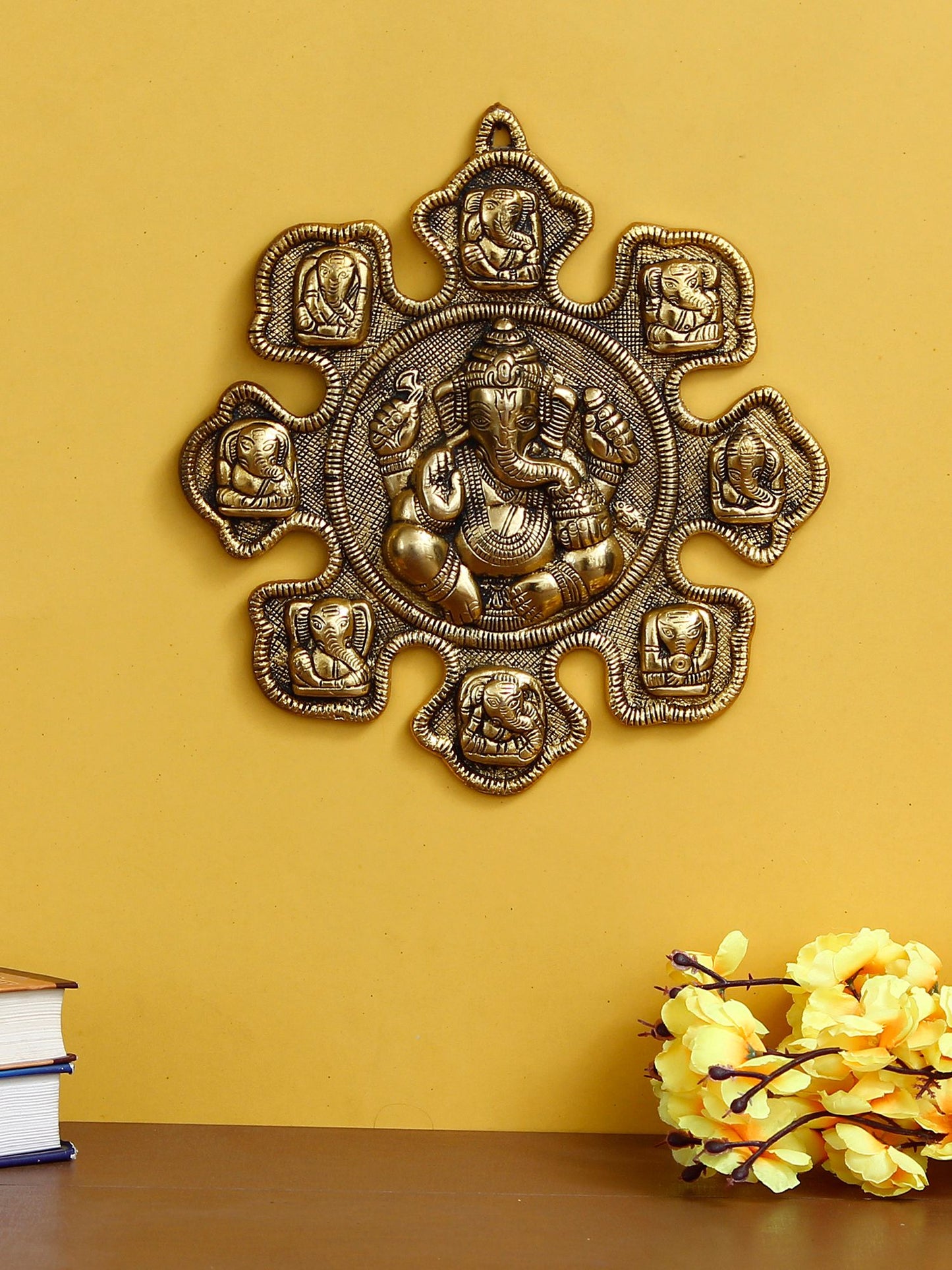 Golden Metal Wall Hanging of 9 Variants of Lord Ganesha