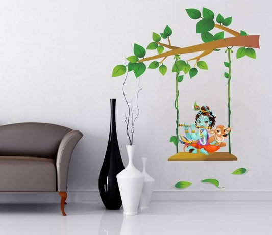 Lord Krishna with Flute, Cow, and Butterflies Sitting in Tree Sticker