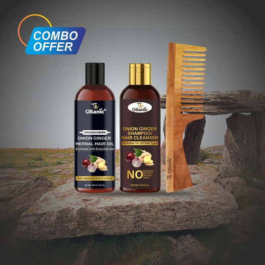 Oilanic Herbal Hair Oil, Onion Ginger Shampoo & Wooden Neem Eco-friendly Comb Combo