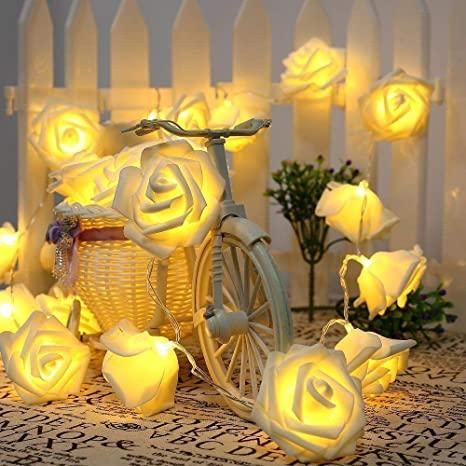 Rose Flower LED Serial String Lights - 10 Feet, 14 LED Rose Lights for Indoor and Outdoor Home Decoration (Warm White, Plug-in)