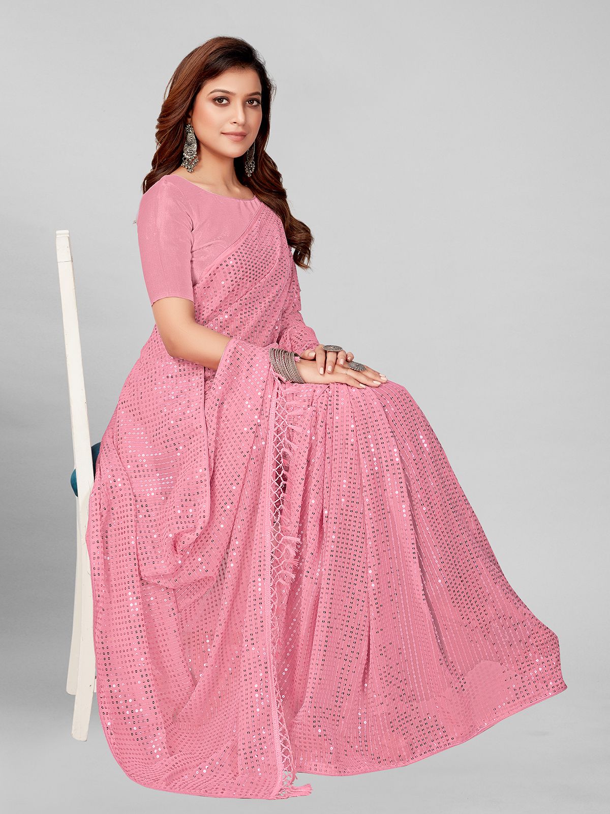 Fancy Sequined Embroidered Peach Pink Colored Georgette Saree with Blouse Piece