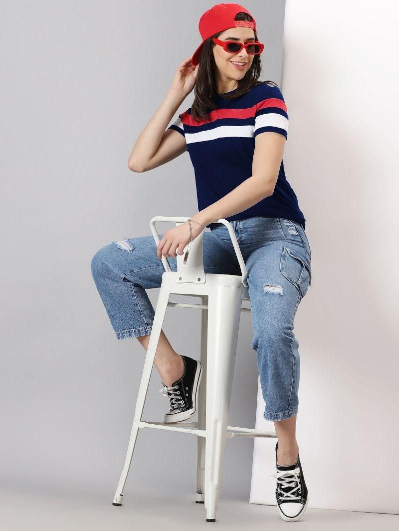 Women's Colorblocked Round Neck Half Sleeve Casual T-Shirt