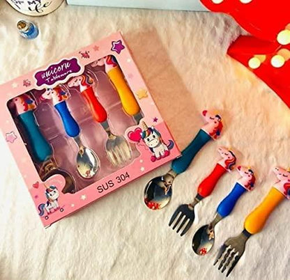 Unicorn Theme Stainless Steel Baby Feeding Spoon and Fork Cutlery Set for Kids Set of 4, Multicolor