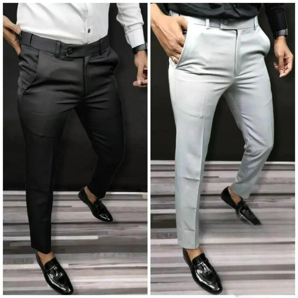 Men's Lycra Blend Solid Slim Fit Formal Trouser (Pack of 2)