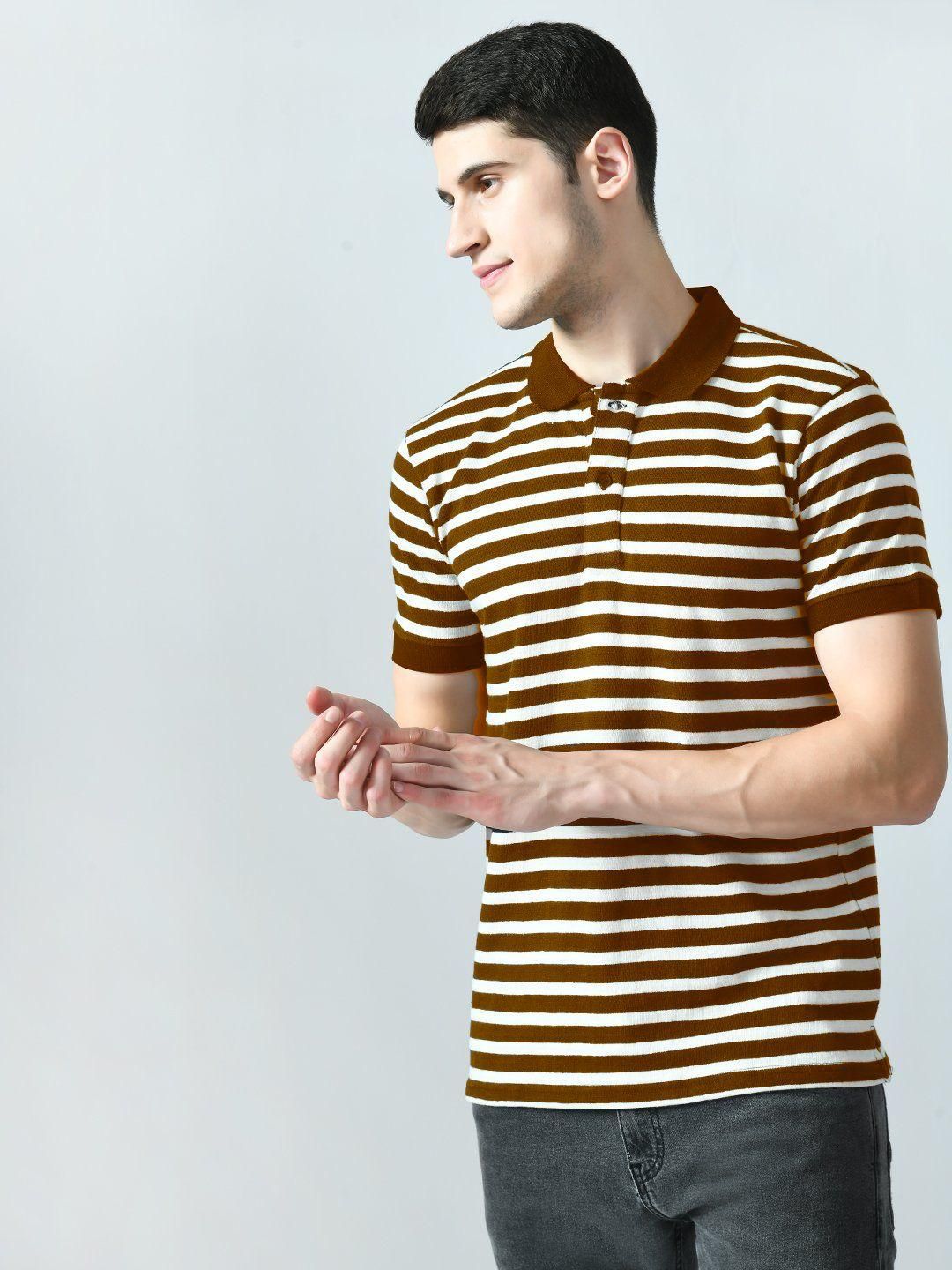Cotton Blend Stripes Half Sleeves Men's Polo T-Shirt