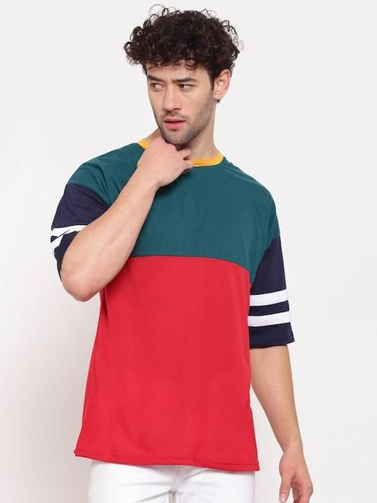Cotton Color Block Half Sleeves Men's Round Neck T-Shirt