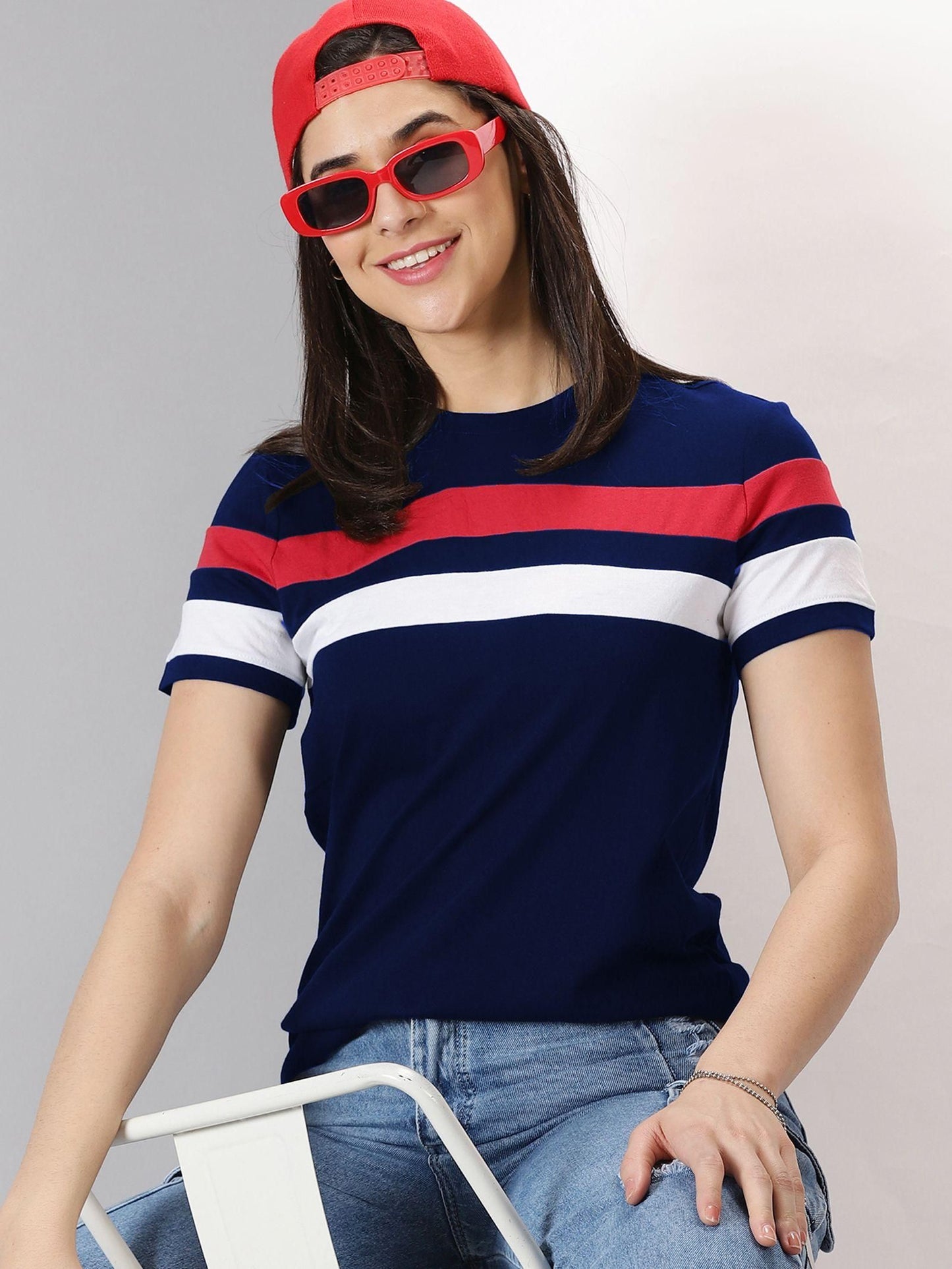 Women's Colorblocked Round Neck Half Sleeve Casual T-Shirt