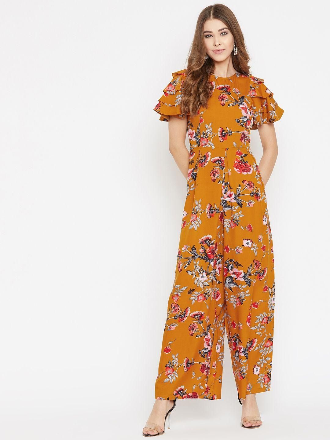 UPTOWNIE Women's Crepe Floral Flared Sleeves Jumpsuit