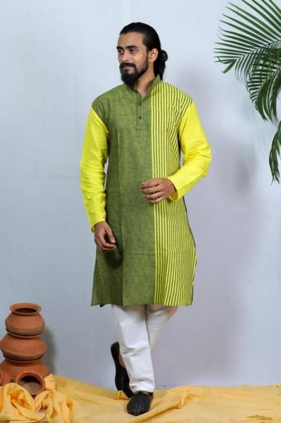 Men's Self-Designed Green Khadi Cotton Kurtas