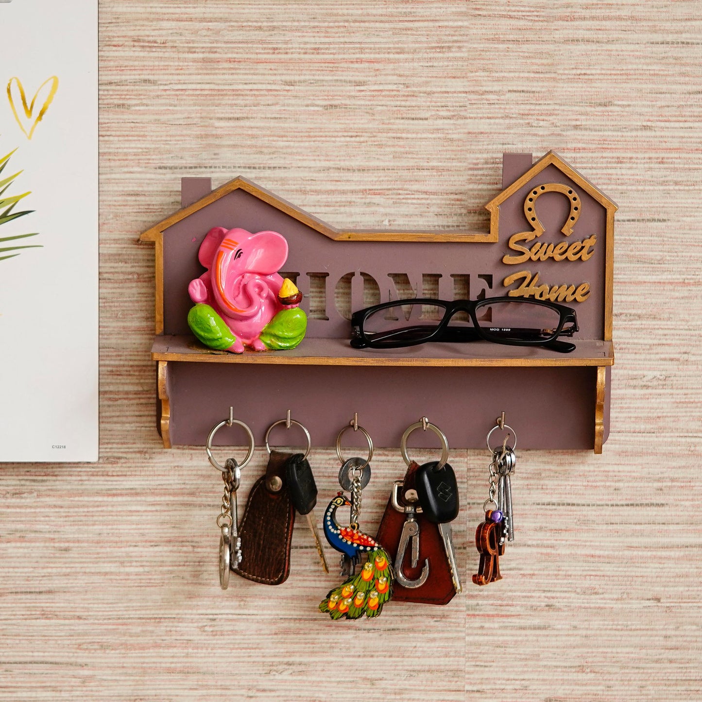 Multiutility 5 Hooks Wooden Keyholder with Shelf
