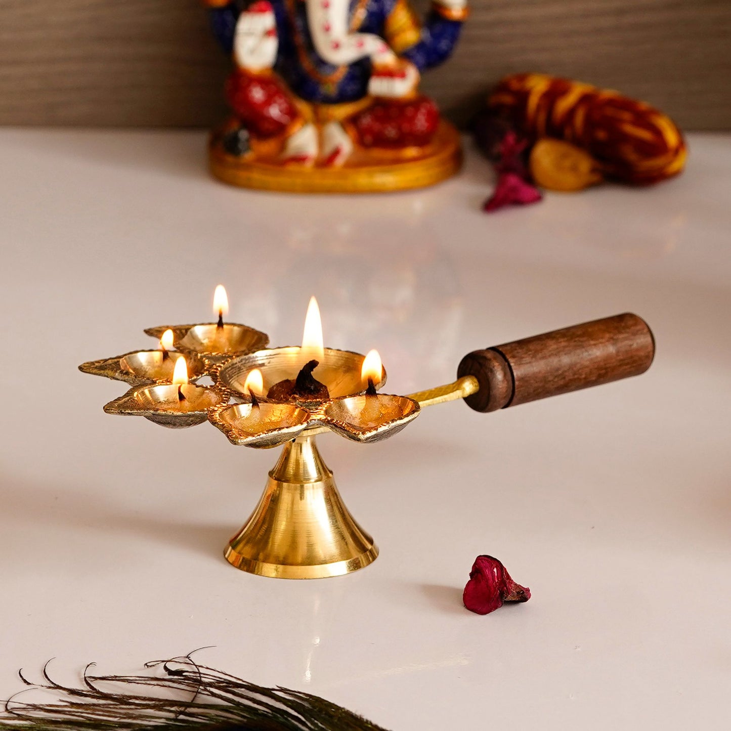 Brass Panchdeep Diya for 5 Cotton Wicks With Wooden Holder