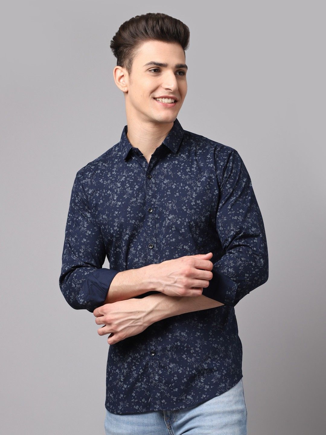 Men's Printed Cotton Blend Dark Blue Shirts