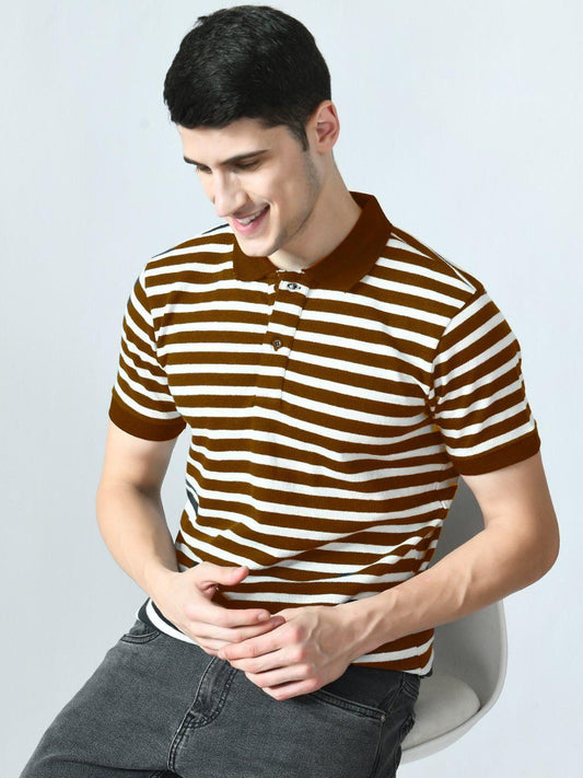 Cotton Blend Stripes Half Sleeves Men's Polo T-Shirt