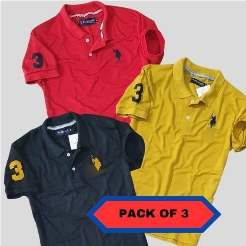 Cotton Solid Half Sleeves Men's Polo T-Shirt (Pack Of 3)