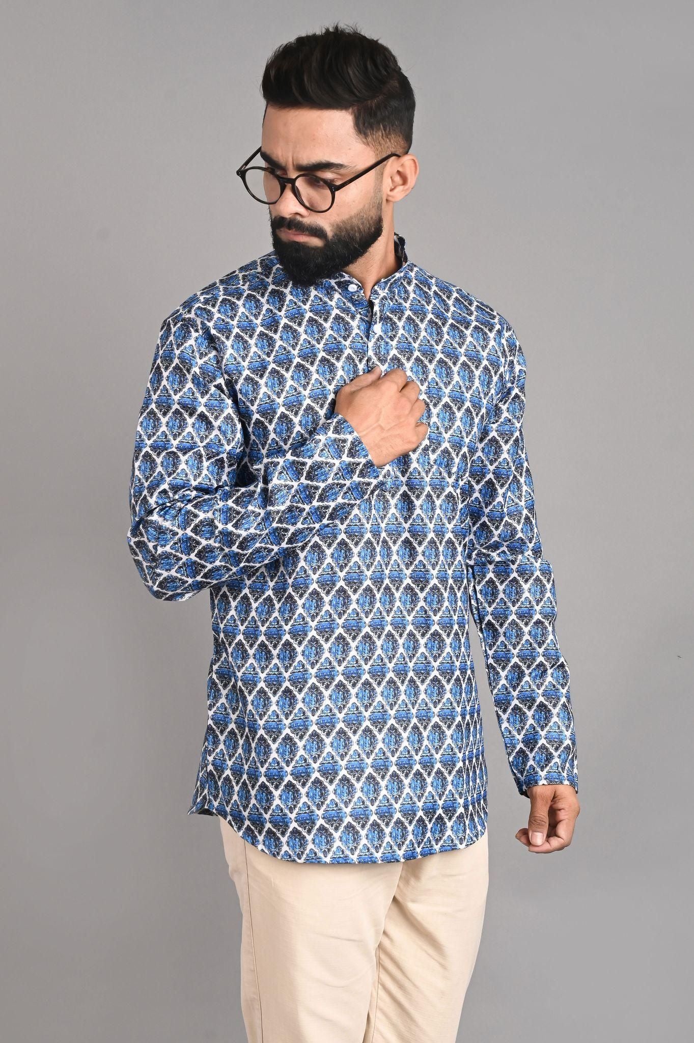 Cotton Printed Full Sleeves Regular Fit Men's Short Kurta
