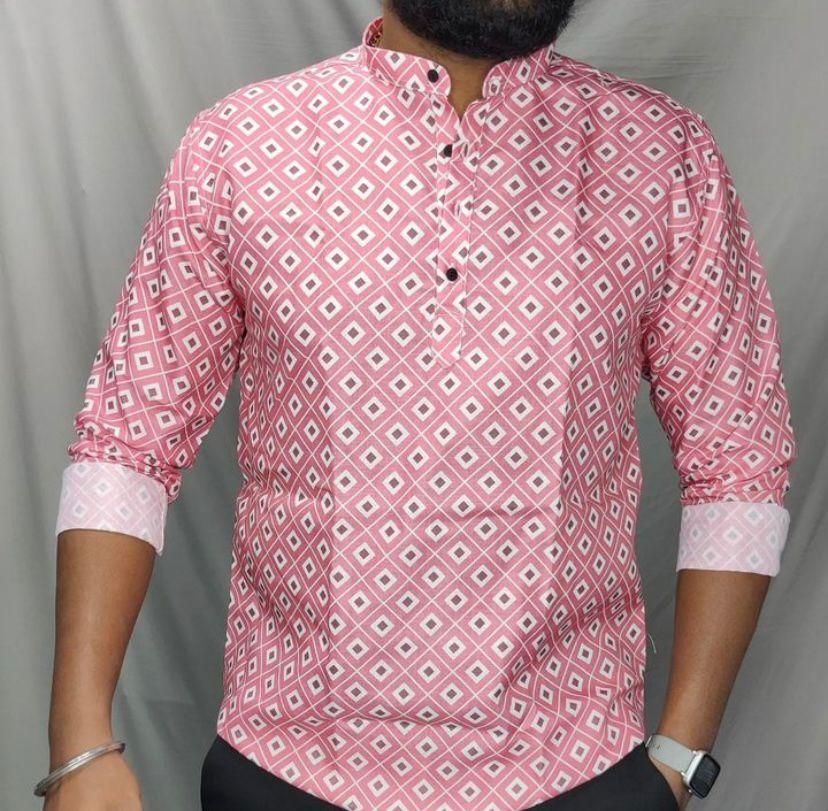 Men's Pink Printed Casual Short Kurtas
